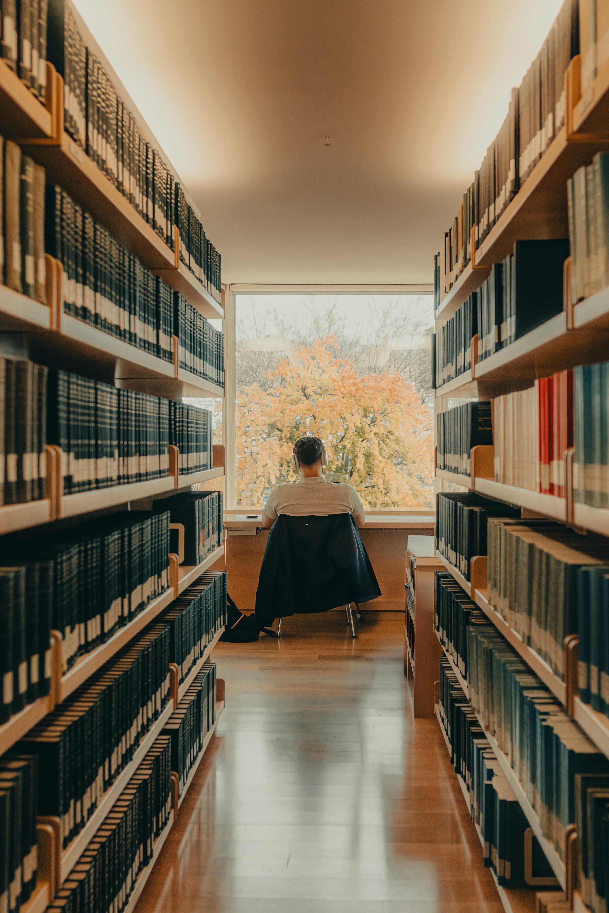 A person at a desk between library shelves, facing an autumn window