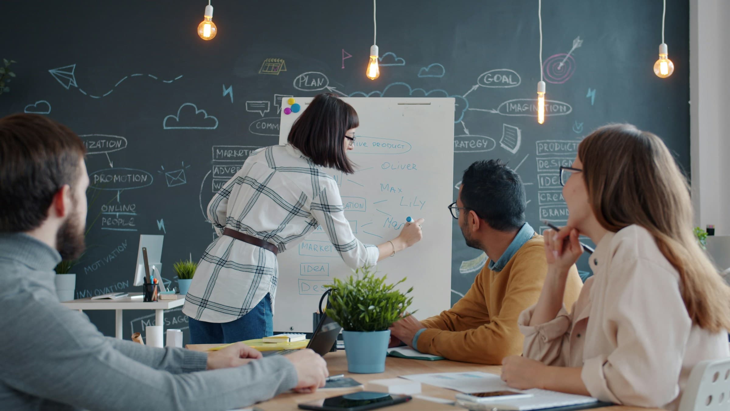 A team working through ideas at a flip chart